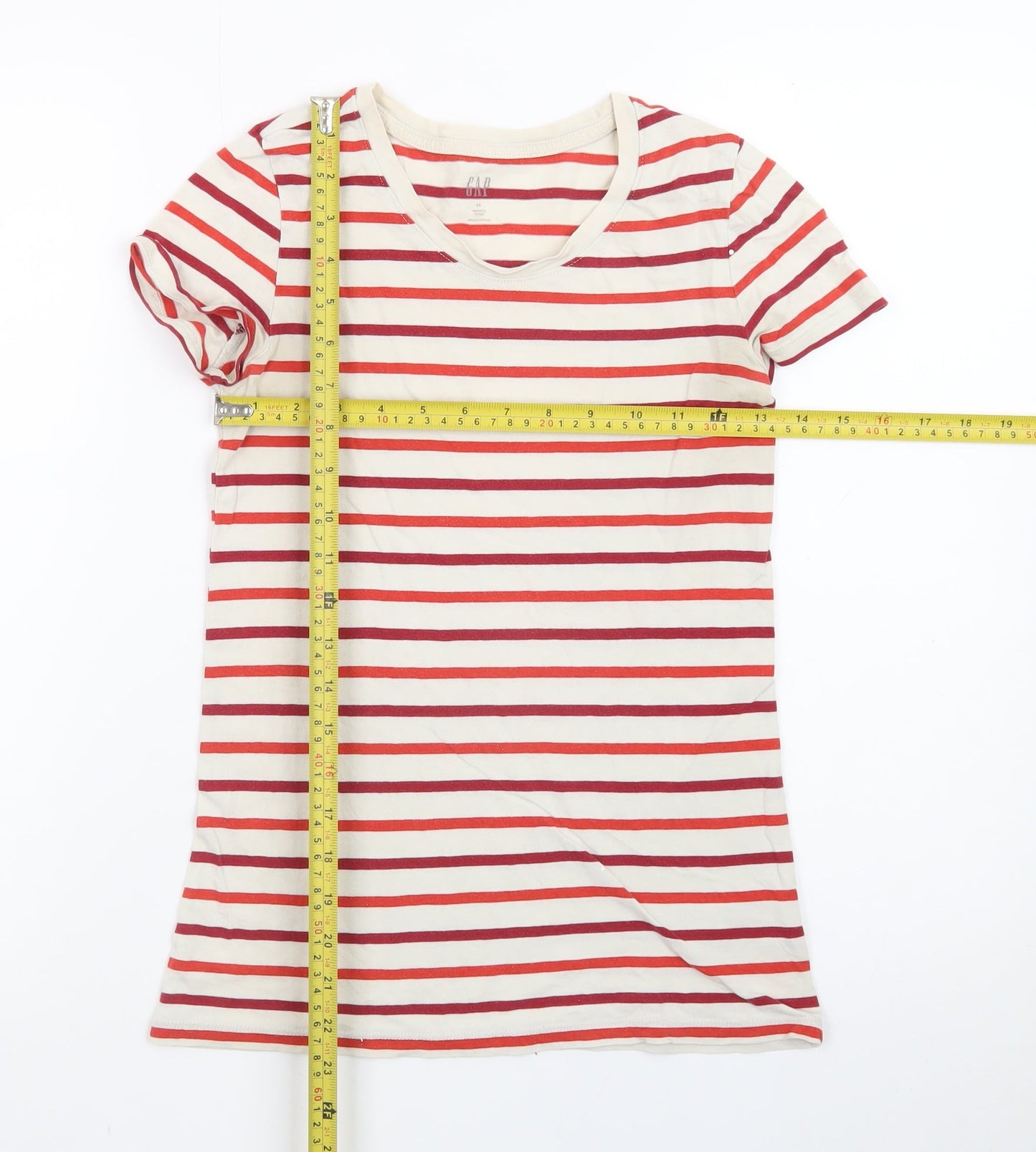 GAP Women Red Striped Cotton Short Sleeve Crew Neck T-Shirt XS