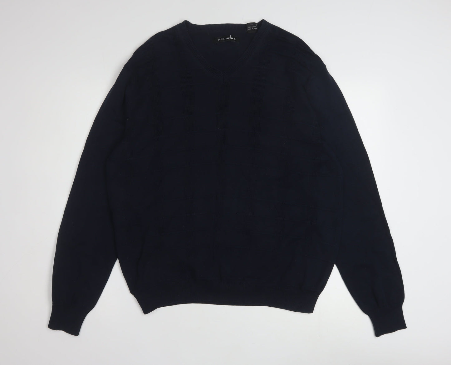 John Henry Men's Blue Cotton V-Neck Jumper Size L