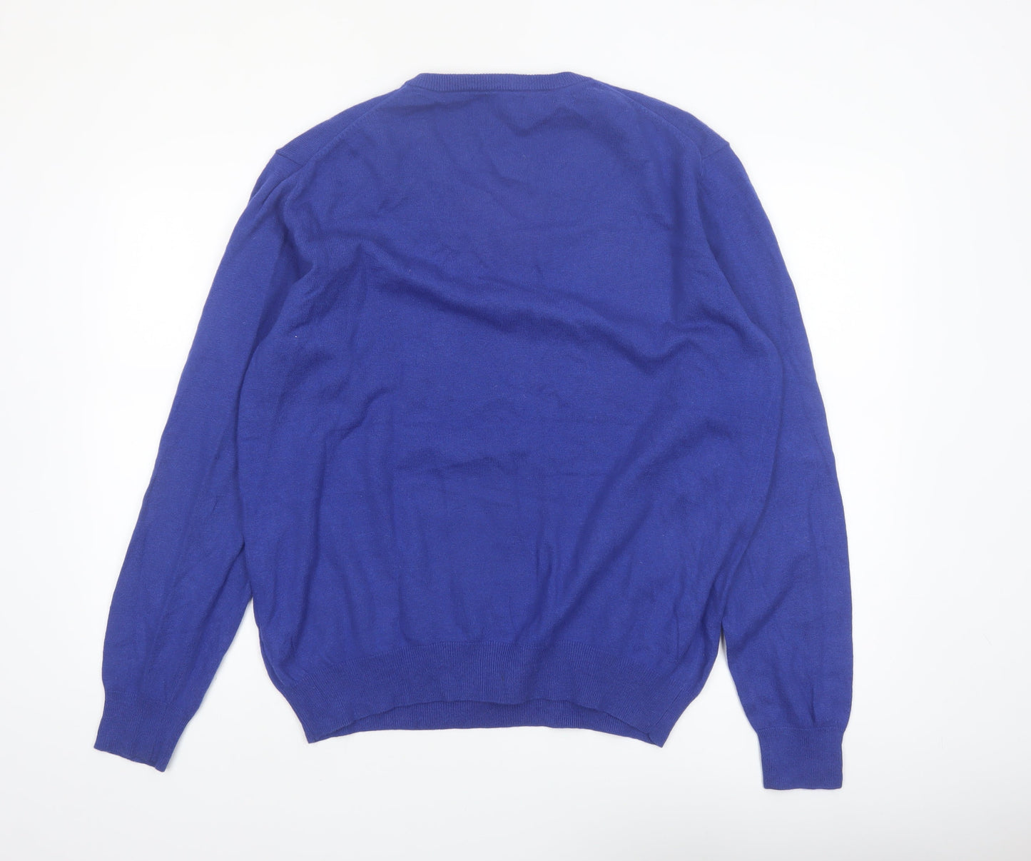 John Cabot Men's Blue Wool V-Neck Jumper Size L
