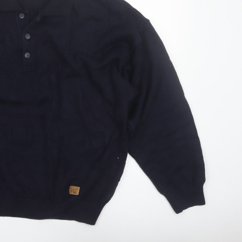 Additional view of Y.G. Men's Blue Collared Henley Knit Jumper XL Classic Style