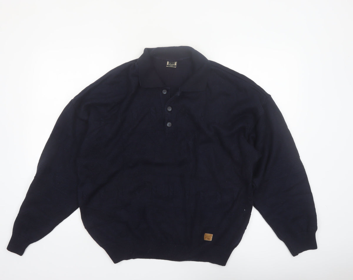 Back view of Y.G. Men's Blue Collared Henley Knit Jumper XL Classic Style