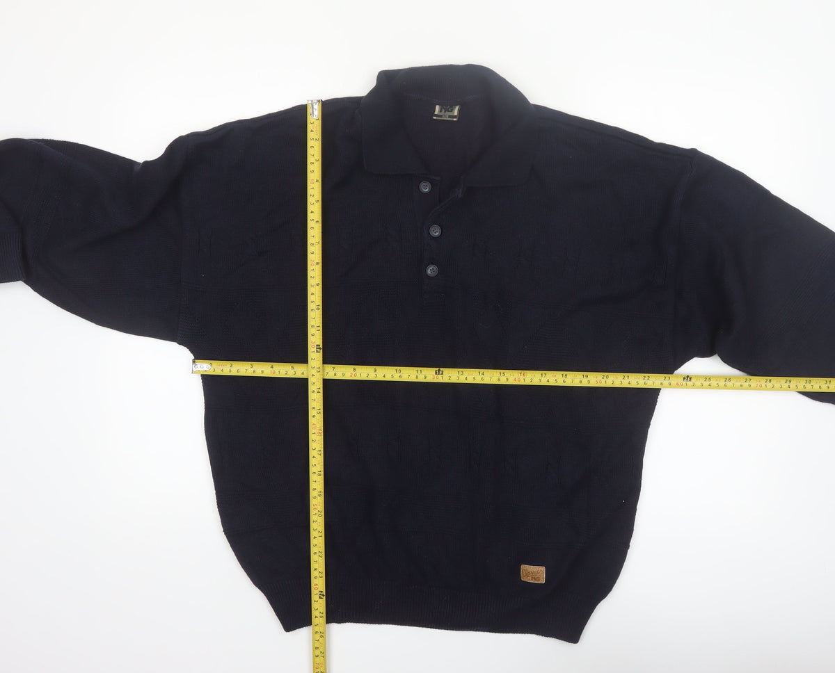 Close-up detail of Y.G. Men's Blue Collared Henley Knit Jumper XL Classic Style