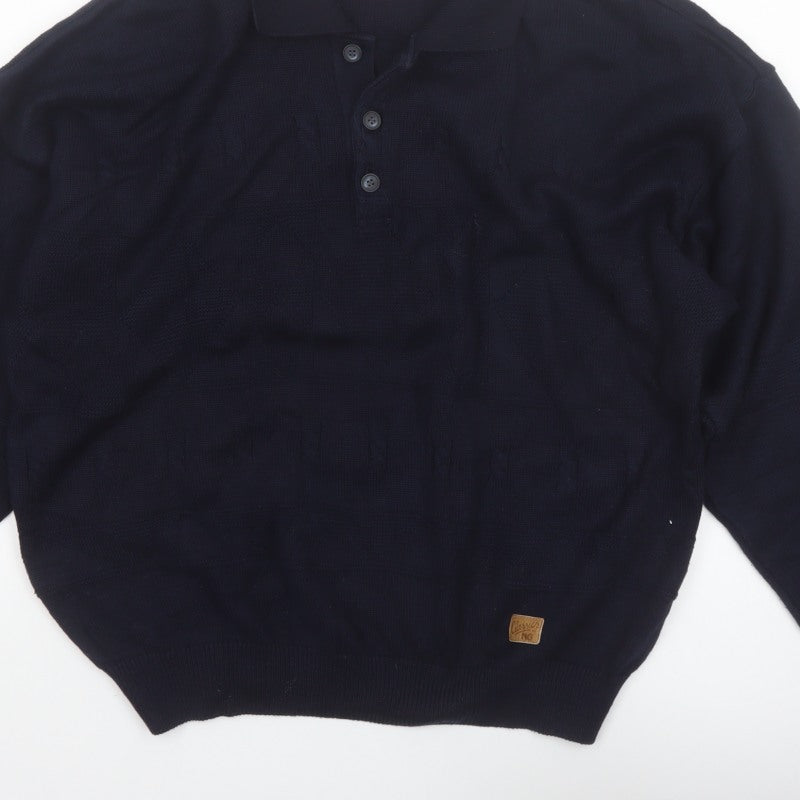 Additional view of Y.G. Men's Blue Collared Henley Knit Jumper XL Classic Style