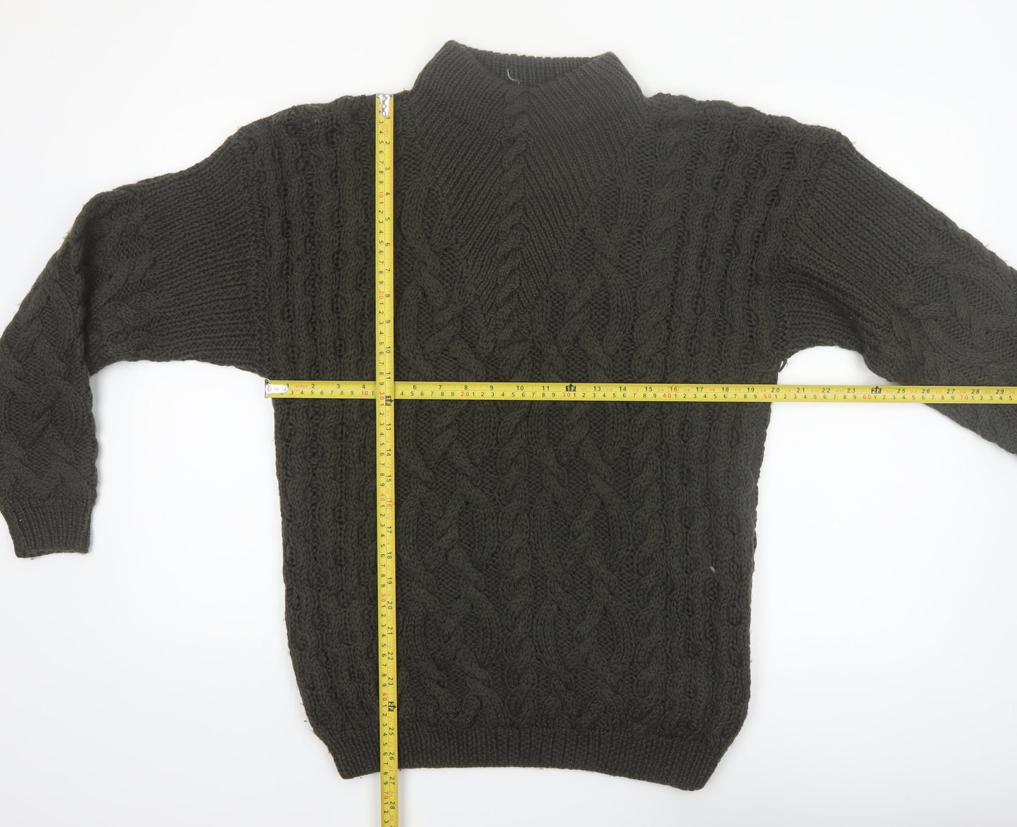 Baszio Men's Brown Hand Knit Wool Cable Pullover Jumper M