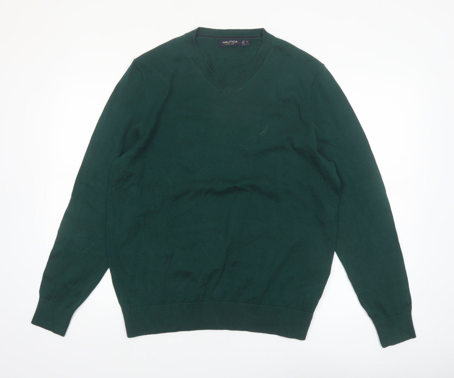 Nautica Men’s Green Cotton V-Neck Jumper Size M Classic Knit