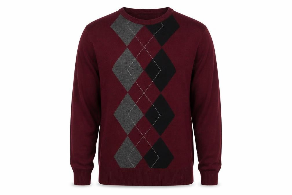 Geoffrey Beene Men's Burgundy Argyle Crew Neck Acrylic Jumper L