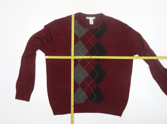 Geoffrey Beene Men's Burgundy Argyle Crew Neck Acrylic Jumper L
