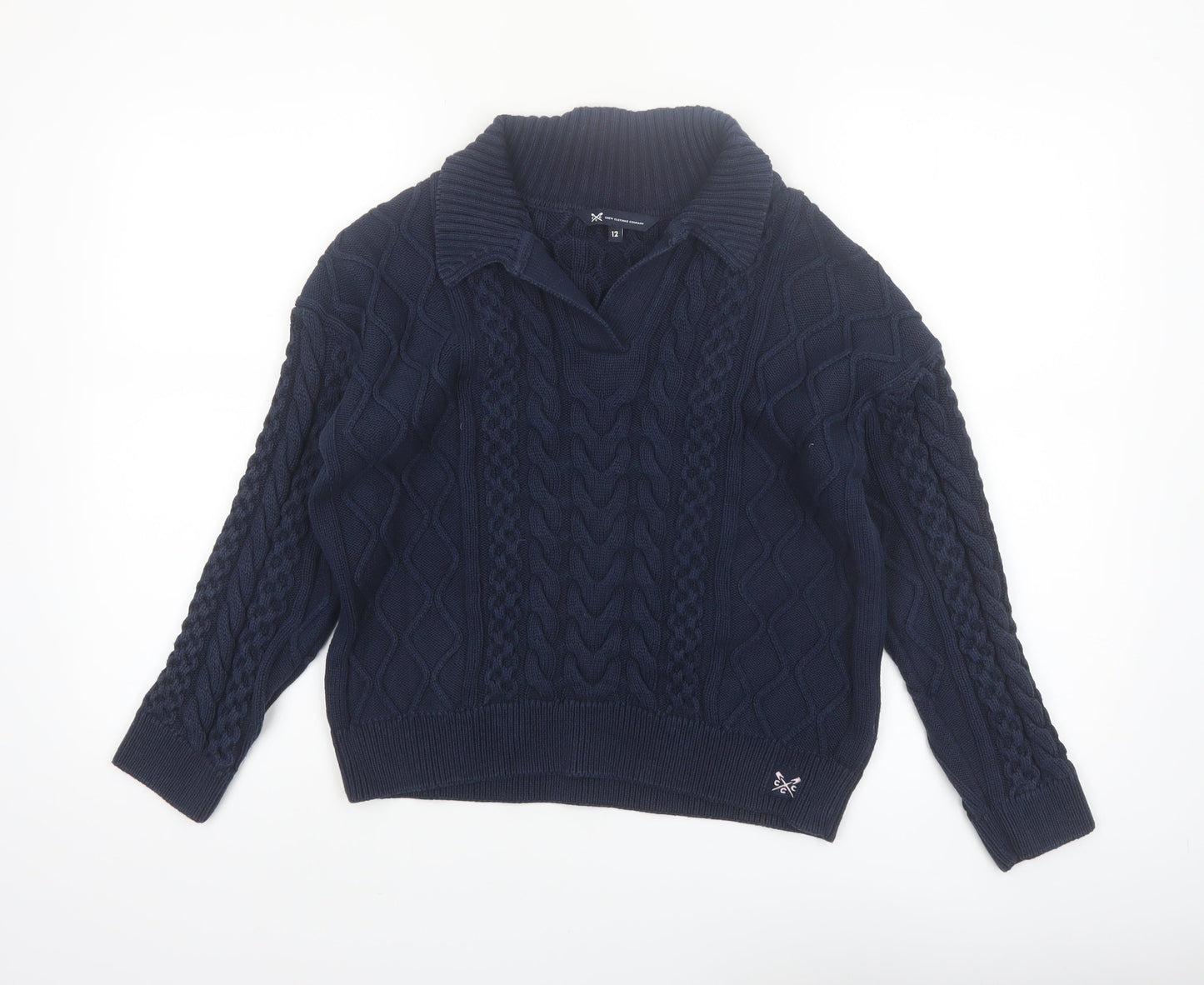 Crew Clothing Company Women’s Blue Cotton Collared Cable Knit Jumper Size 12