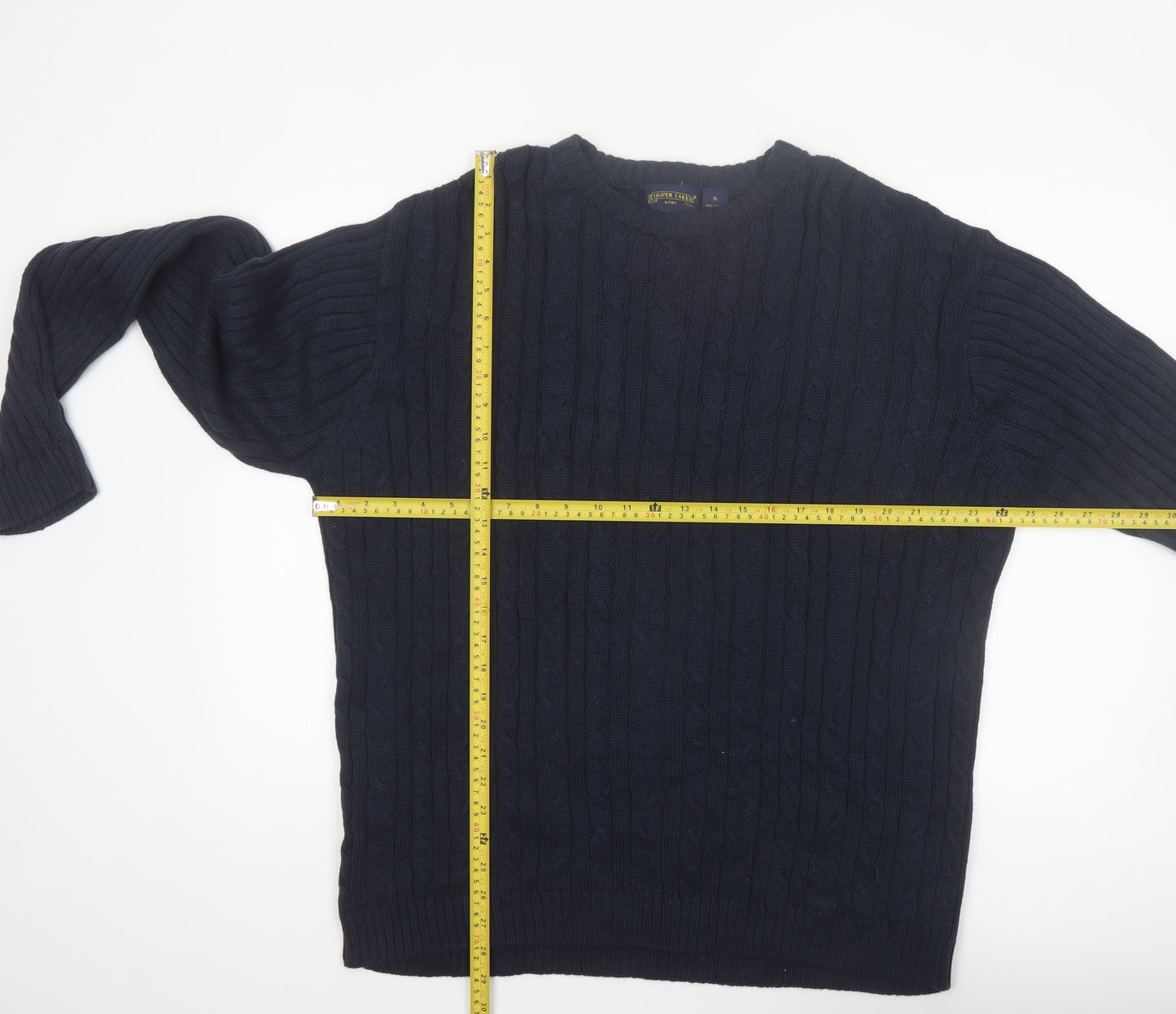 Shaver Lake Mens Blue XL Cotton Cable Knit Crew Neck Jumper