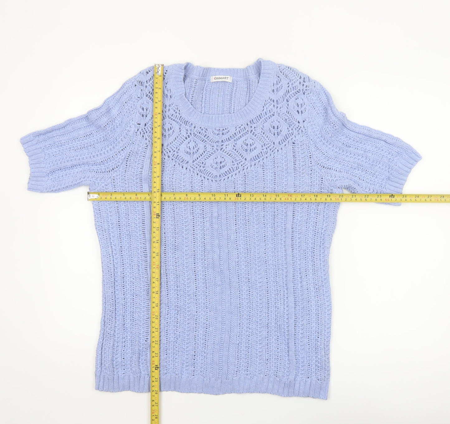 Damart Women Blue Cotton Short Sleeve Knit Pullover Jumper L