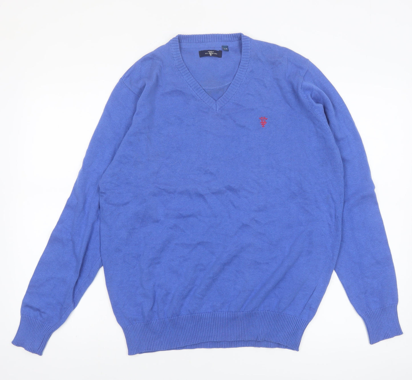 Bel Toro Men's Blue Cotton V-Neck Jumper Size L Classic Knit
