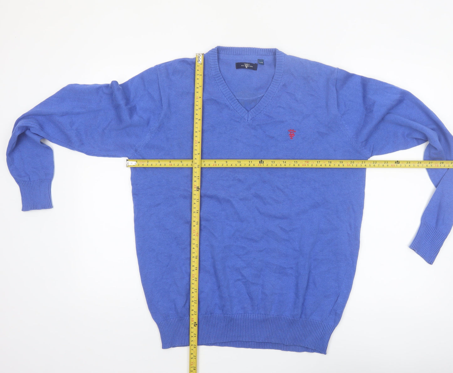 Bel Toro Men's Blue Cotton V-Neck Jumper Size L Classic Knit
