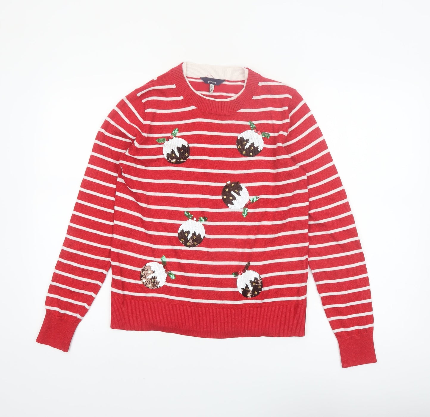 Joules Women’s Red Striped Christmas Pudding Sequin Jumper Size 8