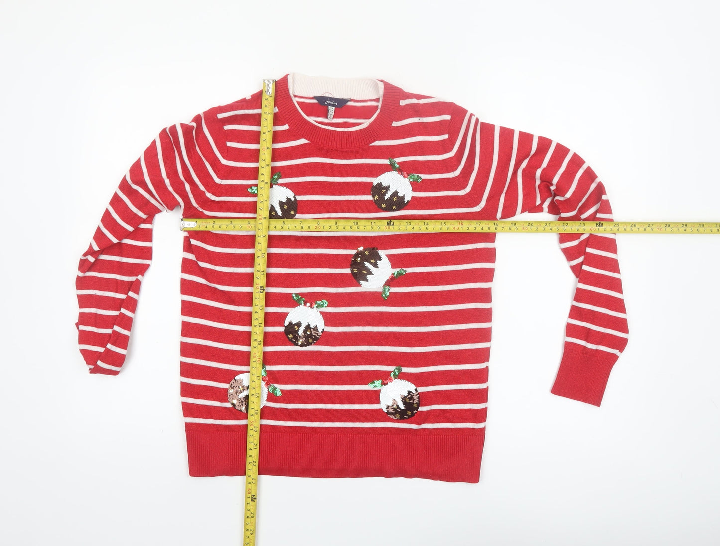 Joules Women’s Red Striped Christmas Pudding Sequin Jumper Size 8