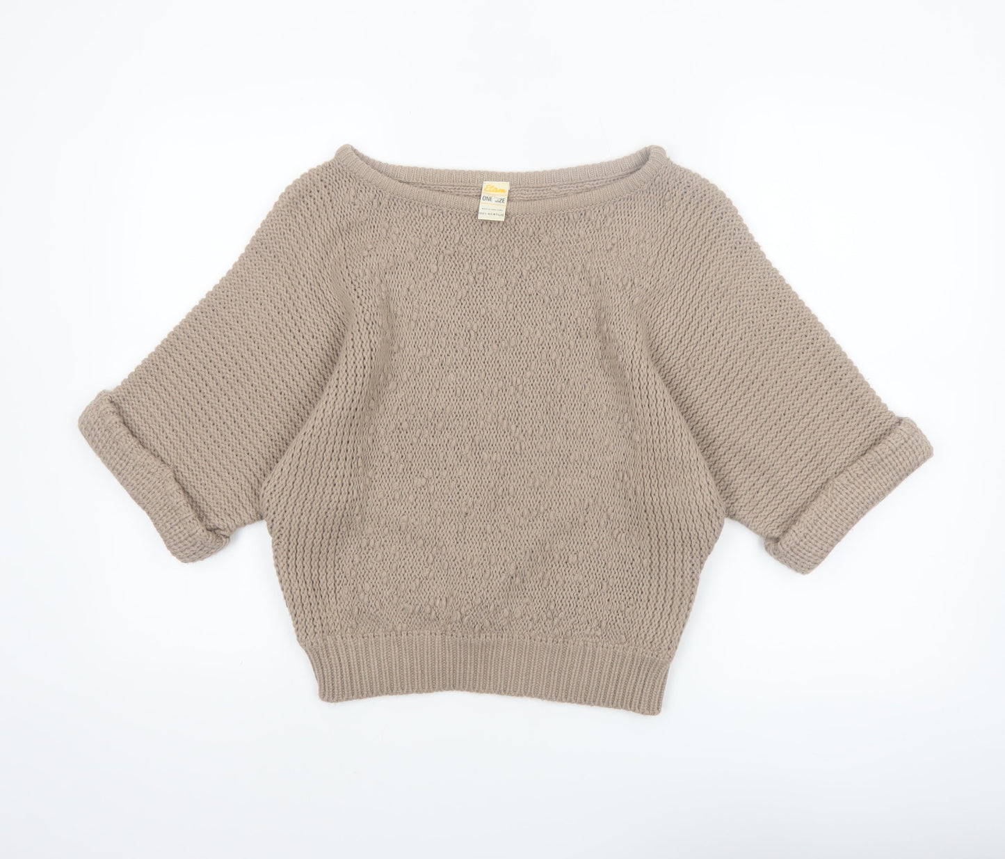 Etam Women Beige Chunky Knit Boat Neck Short Sleeve Pullover Jumper One Size