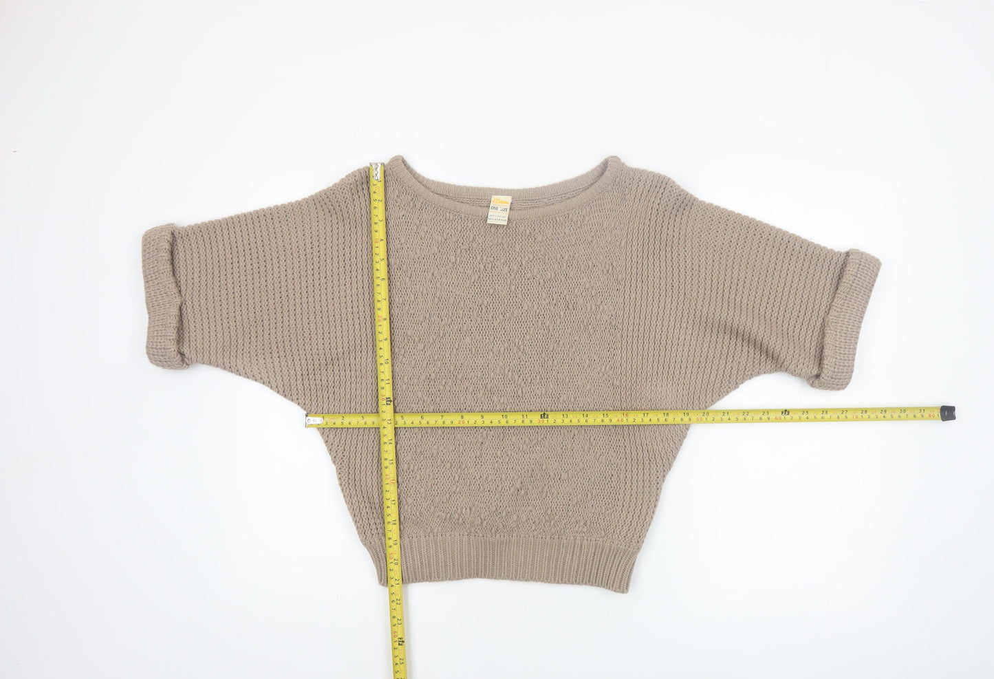 Etam Women Beige Chunky Knit Boat Neck Short Sleeve Pullover Jumper One Size