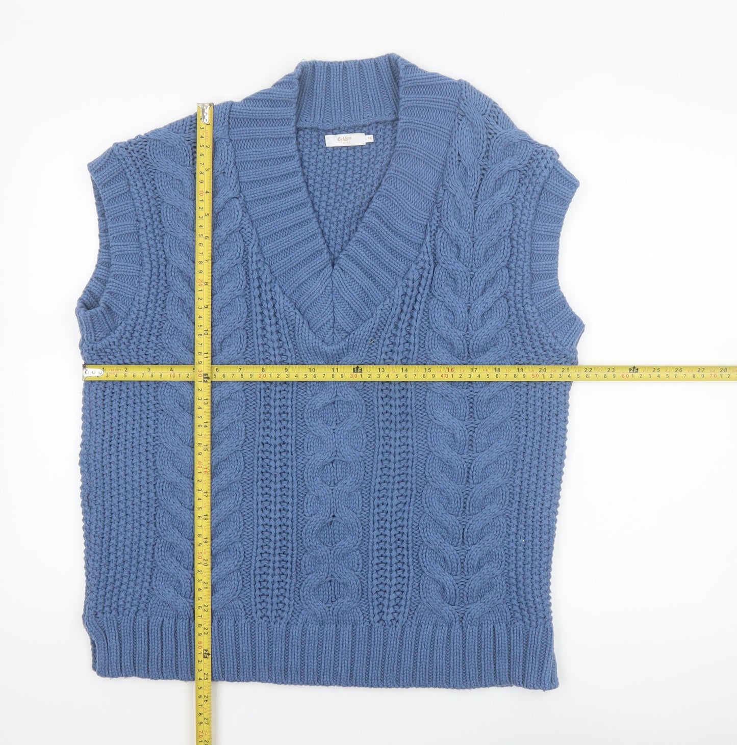 Cotton Traders Womens Blue Cable-Knit Sleeveless V-Neck Vest Jumper Size 16