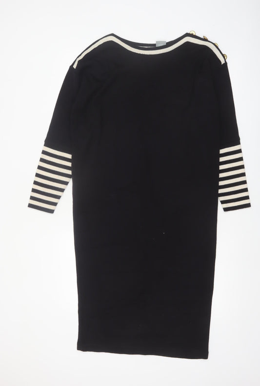Liz Claiborne Women Black Petite S Striped Shift Knit Dress