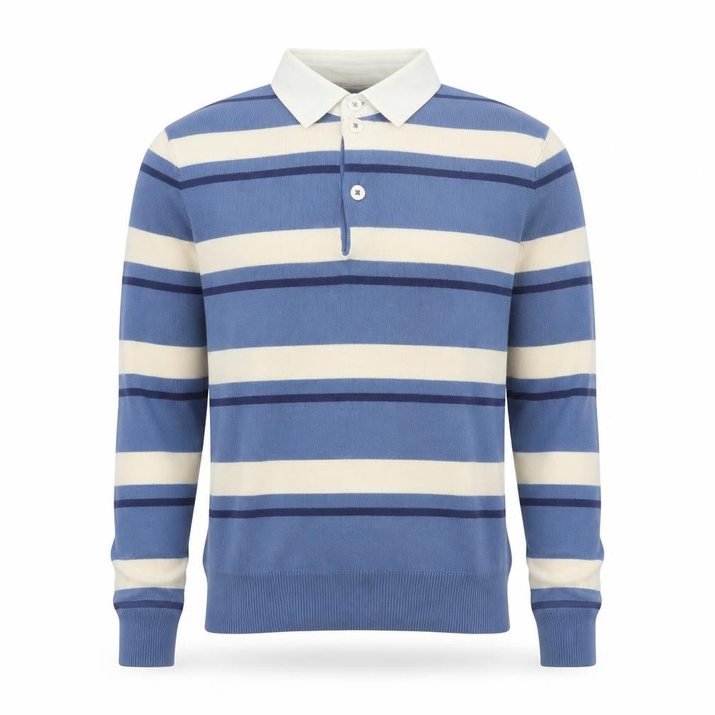 Marks & Spencer Men's Blue Striped Long Sleeve Cotton Polo S