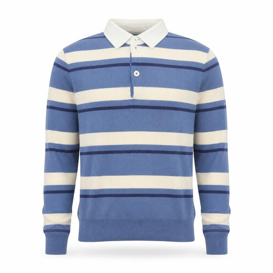 Marks and Spencer Men's Blue Striped Long Sleeve Cotton Polo S