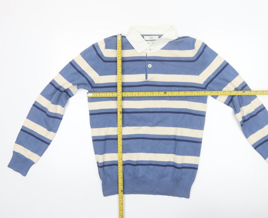Marks and Spencer Men's Blue Striped Long Sleeve Cotton Polo S