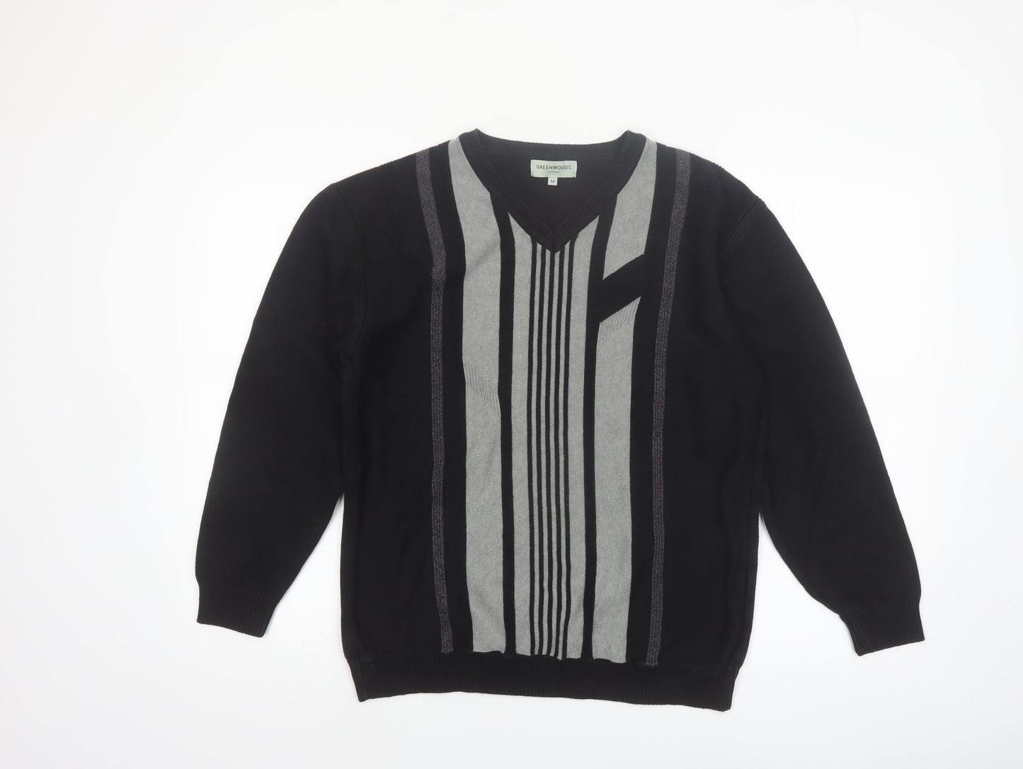 Greenwoods Mens Black Grey V-Neck Geometric Knit Jumper M