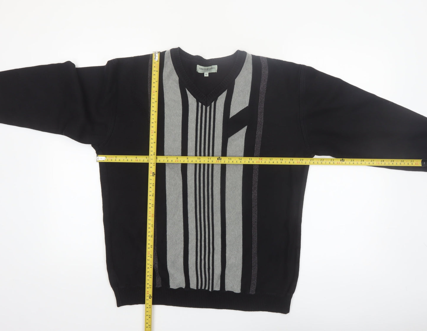 Greenwoods Mens Black Grey V-Neck Geometric Knit Jumper M