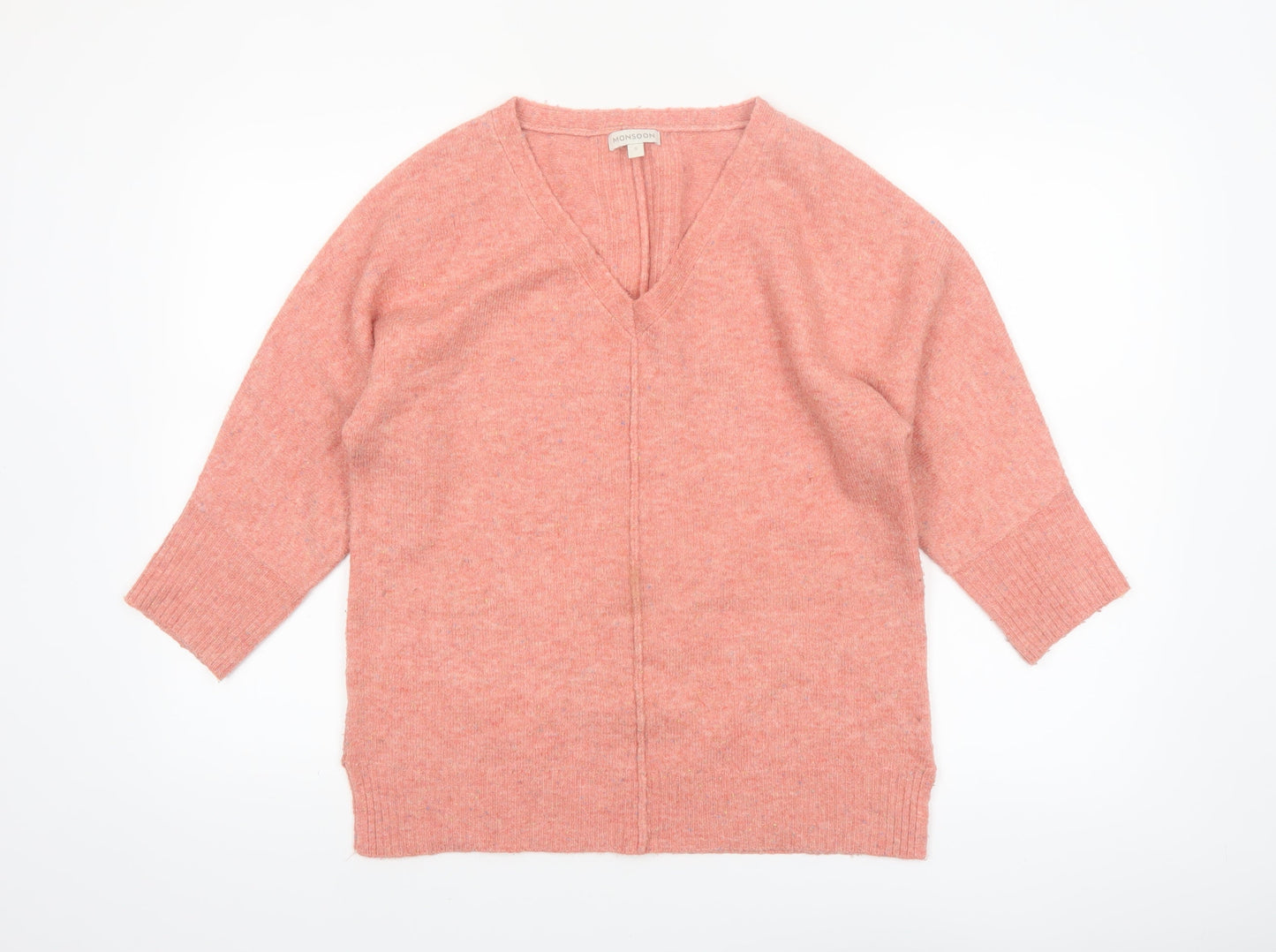 Monsoon Women Pink V-Neck 3/4 Sleeve Knit Pullover Jumper Size S