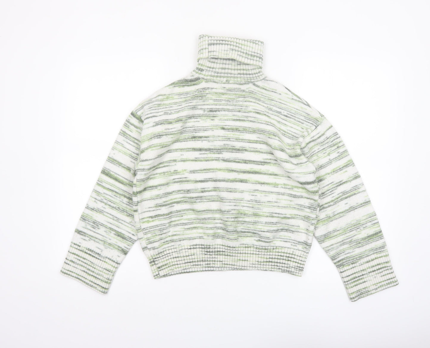Marks and Spencer Women's Green Striped Roll Neck Jumper Size M