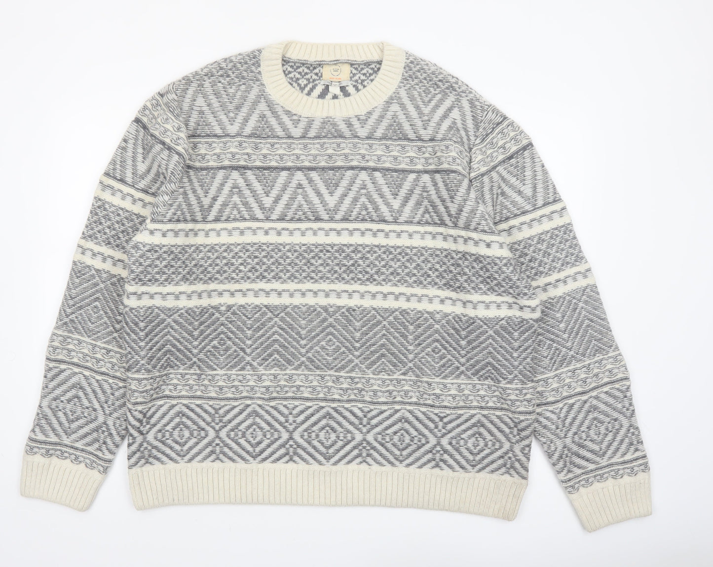River Island Men Grey White Crew Neck Wool Blend Pullover Jumper XXL