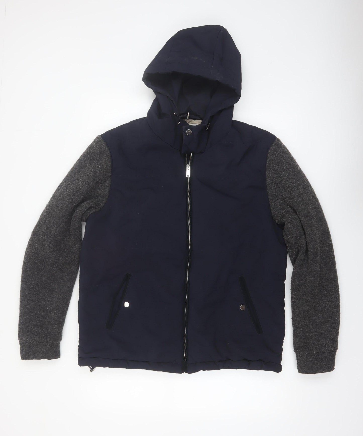 Reiss Men's Blue Wool Blend Hooded Bomber Jacket L