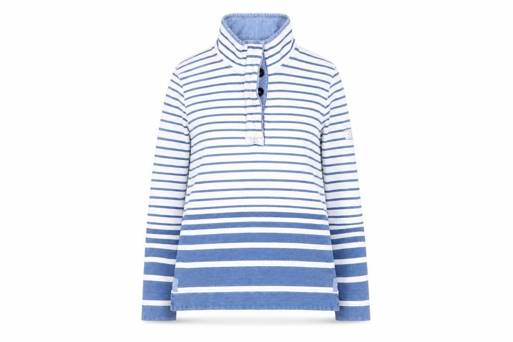 Joules Women Blue White Striped Cotton Henley Sweatshirt UK 12
