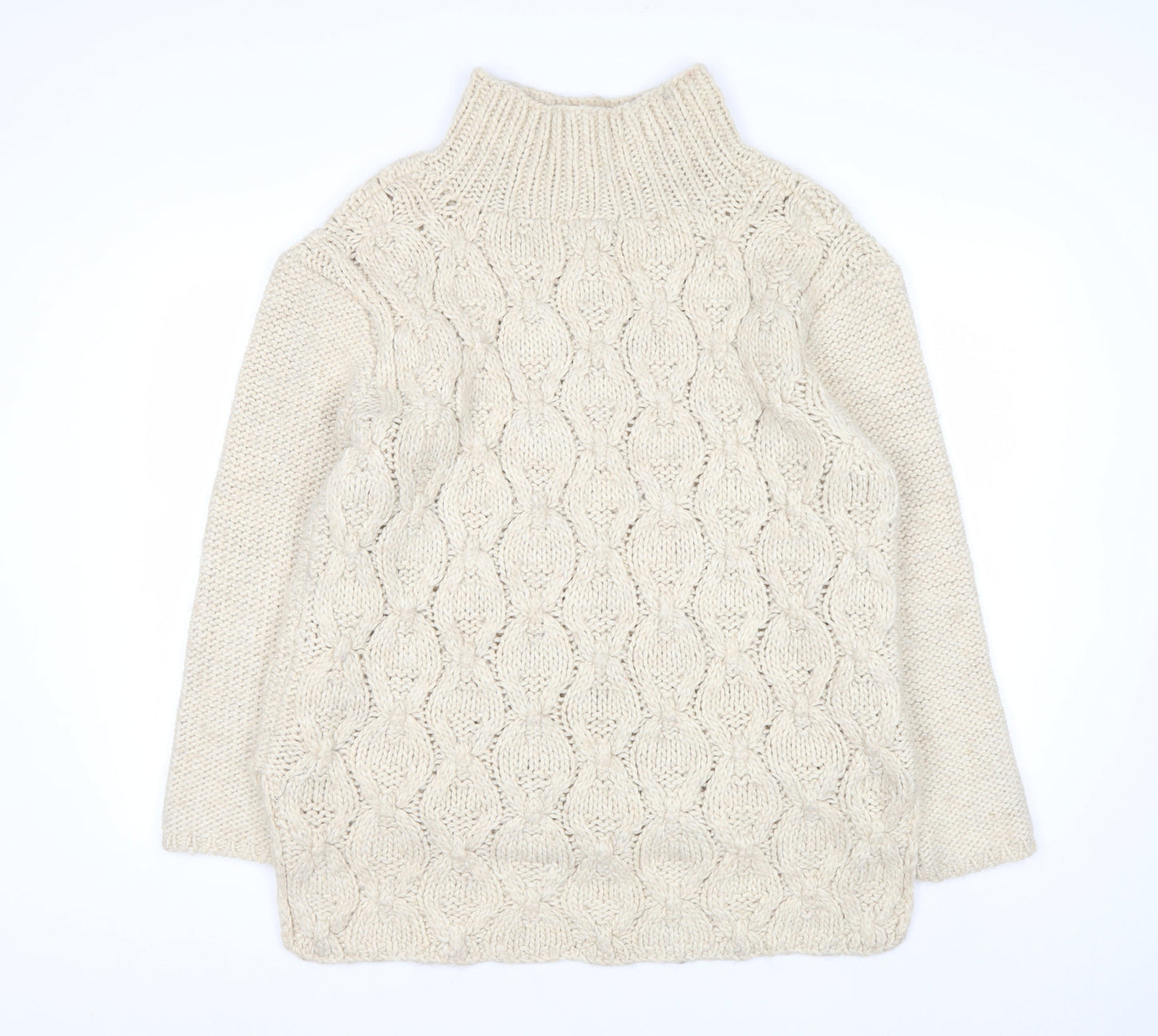 H&M Women Beige Cable-Knit Wool Blend Roll Neck Jumper Size 14 L