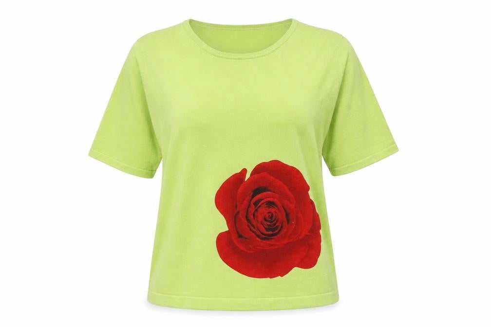 DON Womens Green Silk Blend Rose Print Short Sleeve Pullover Jumper L