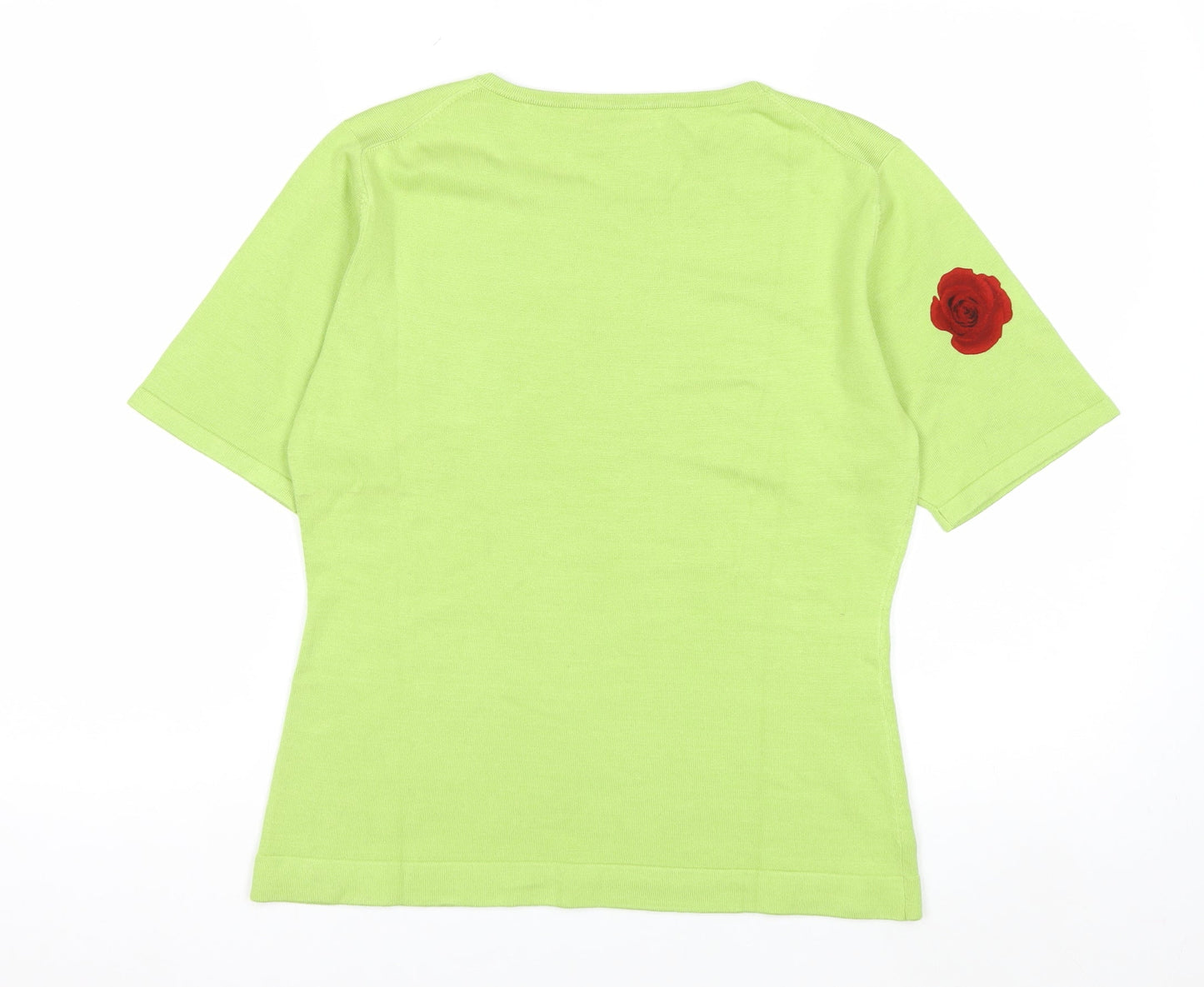 DON Womens Green Silk Blend Rose Print Short Sleeve Pullover Jumper L