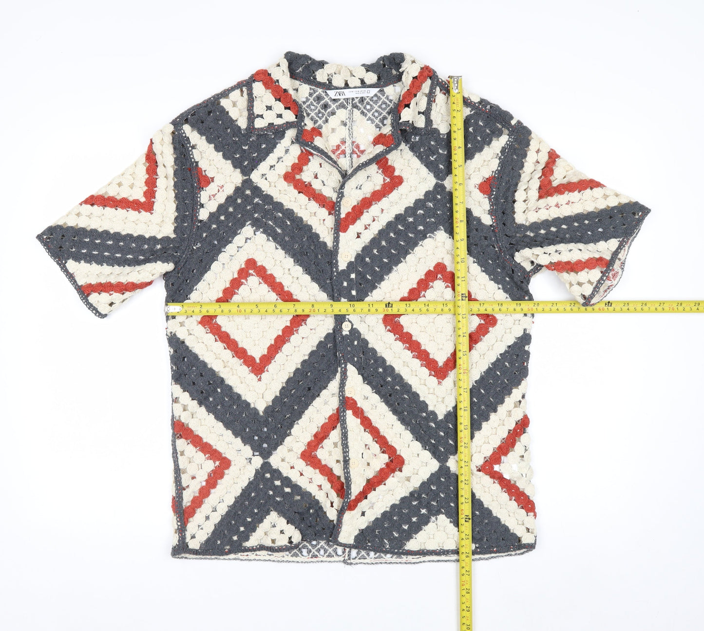 Zara Men's Multicoloured Crochet Cardigan M Retro Geometric