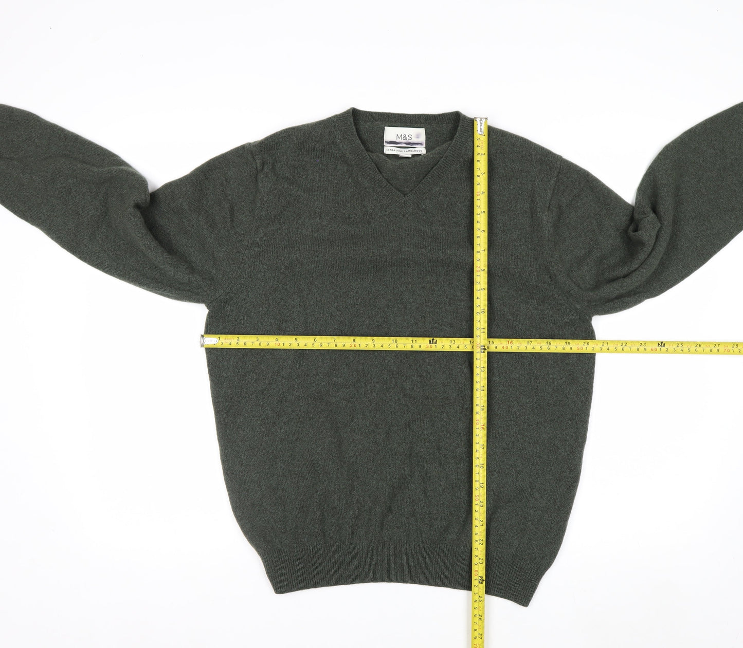 Marks and Spencer Men's Green Wool V-Neck Jumper Size L