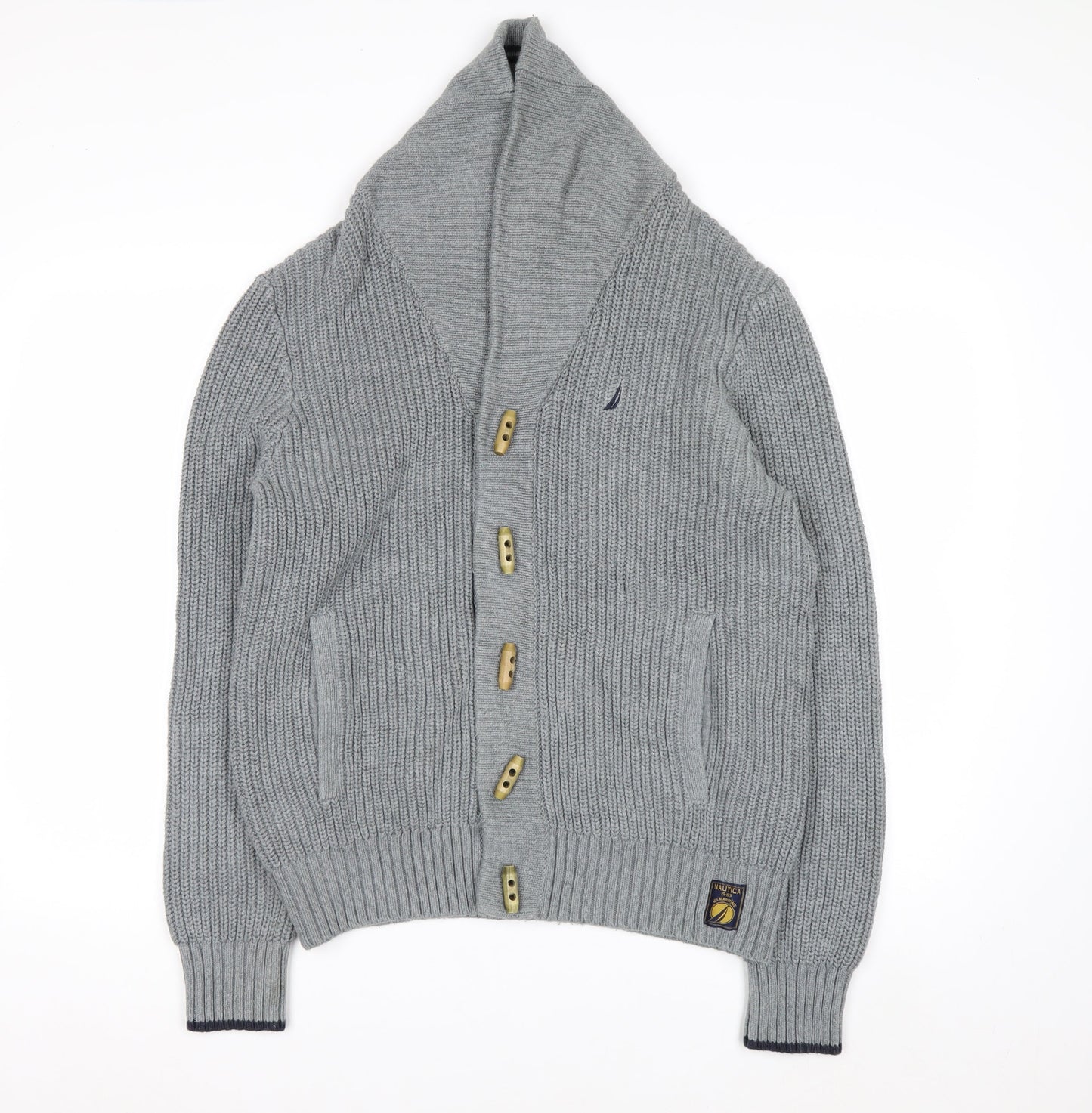Nautica Men's Grey Cotton Chunky-Knit Shawl Collar Cardigan M