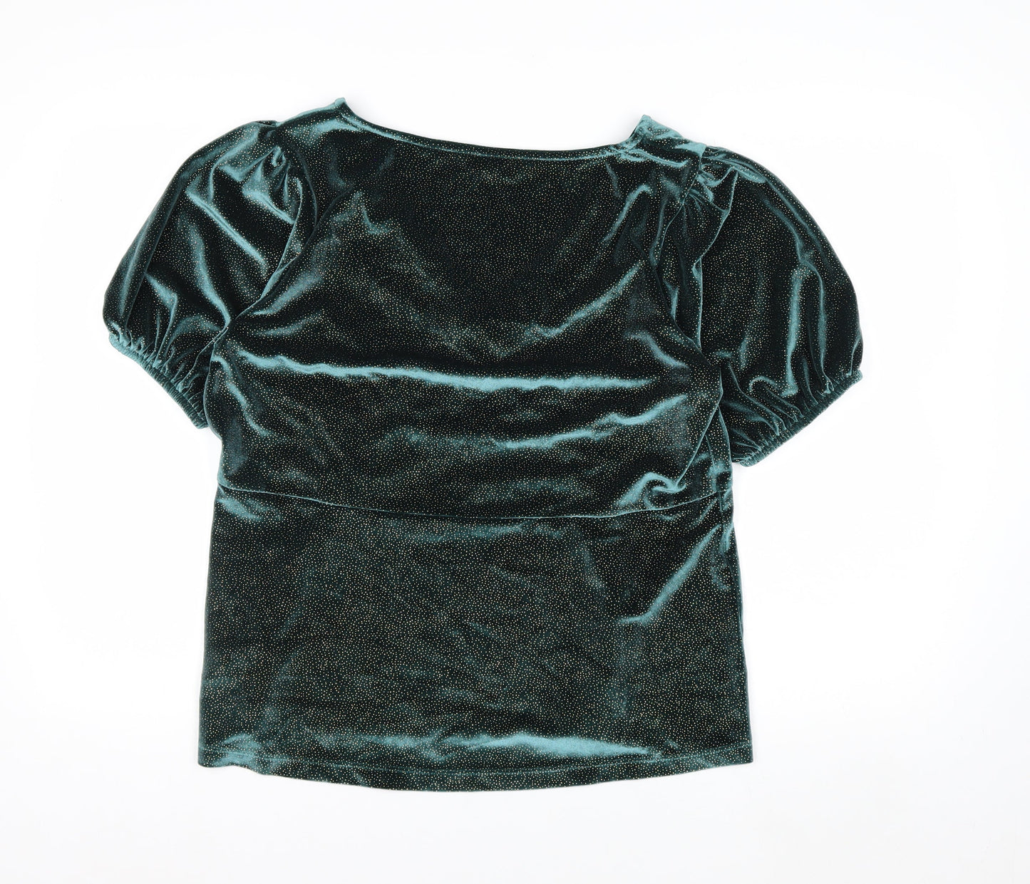 Next Women's Green Velvet V-Neck Puff Sleeve Tunic Blouse Size 16