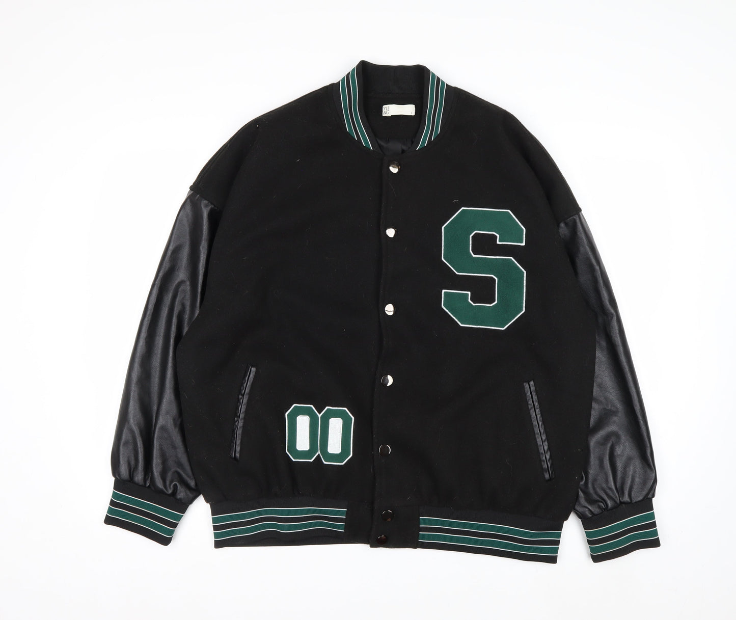 STYLE GANG Men's Black Varsity Jacket L Wool & Faux Leather Retro
