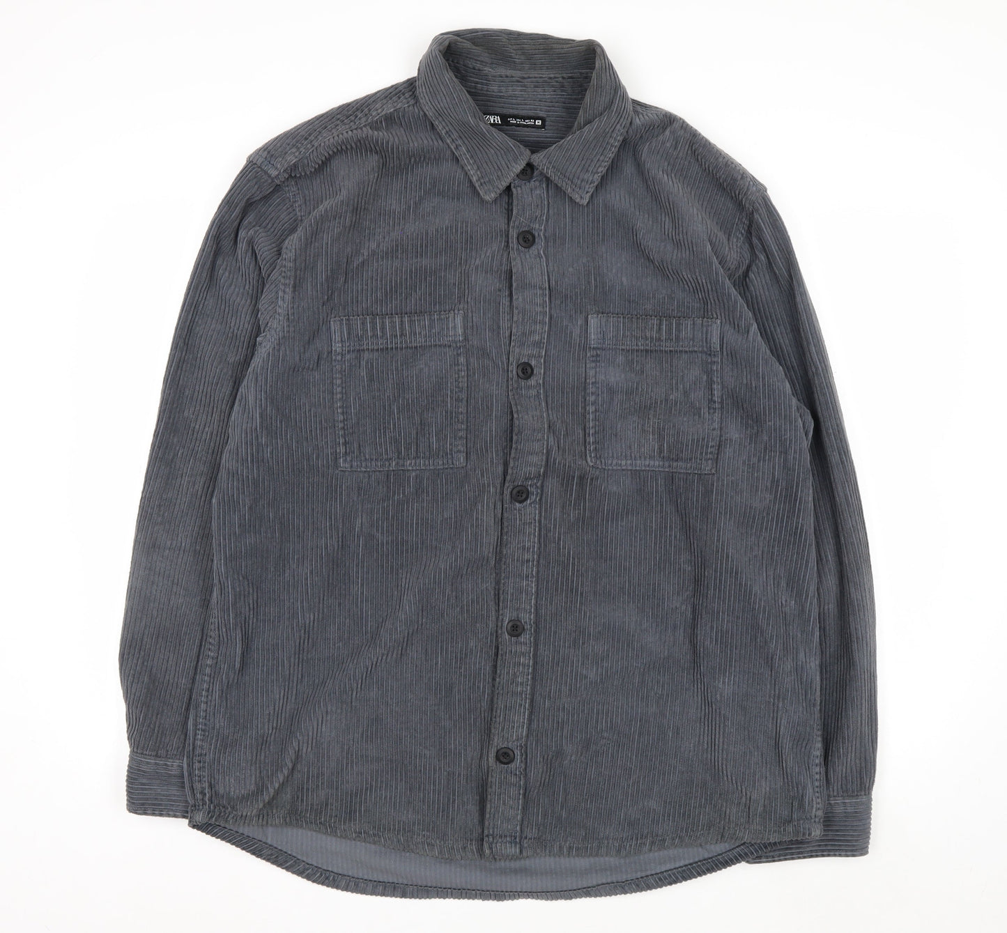 Zara Womens Grey Corduroy Button-Up Shirt Size 14 Long Sleeve