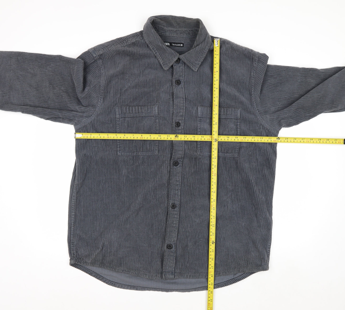 Zara Womens Grey Corduroy Button-Up Shirt Size 14 Long Sleeve