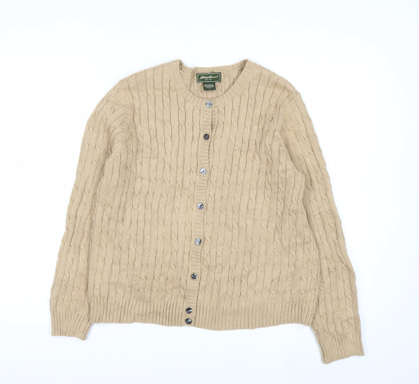 Eddie Bauer Women’s Beige Cable-Knit Cardigan Petite L Cotton Blend