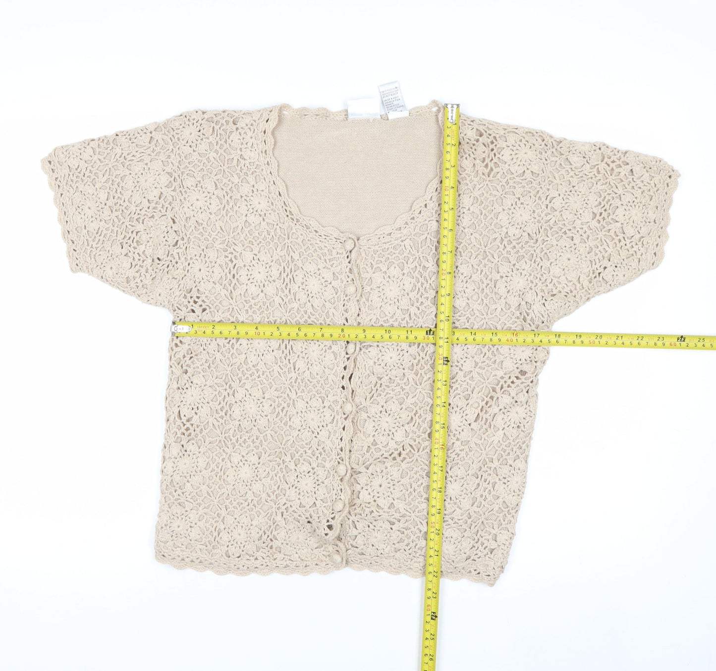 Jaclyn Smith Women Beige Crochet Cardigan Short Sleeve S
