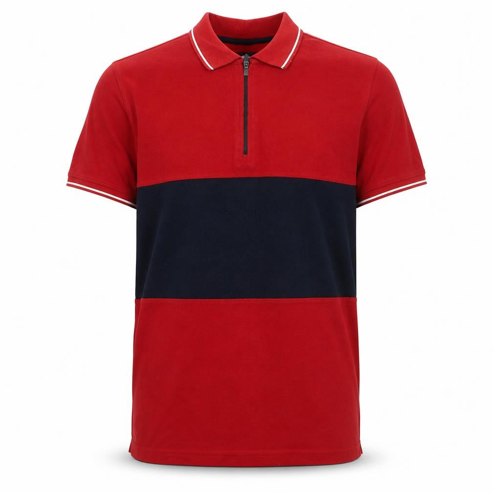 Max Men's Red and Navy Colourblock Short Sleeve Polo Shirt M