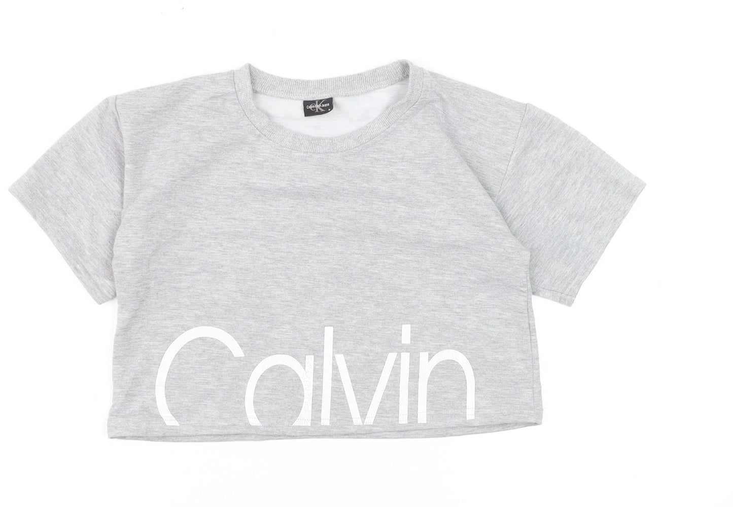 Calvin Klein Womens Grey Cropped Logo T-Shirt Size L Casual