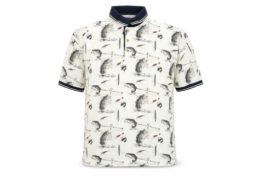 Reel Legends Men's Beige Fishing Print Cotton Polo Shirt L