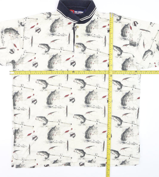 Reel Legends Men's Beige Fishing Print Cotton Polo Shirt L