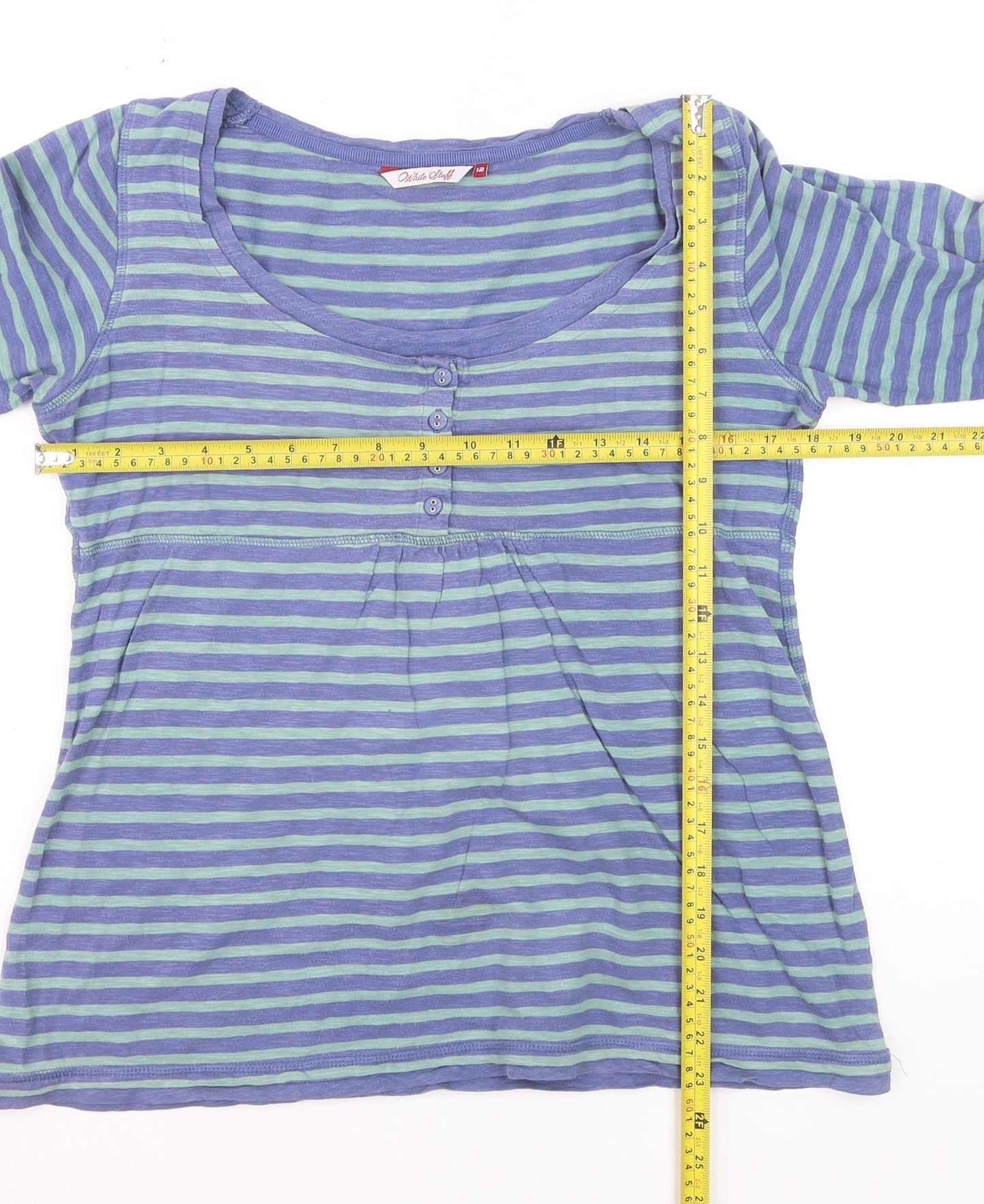 White Stuff Women's Blue Striped Jersey 3/4 Sleeve Cotton T-Shirt Size 12