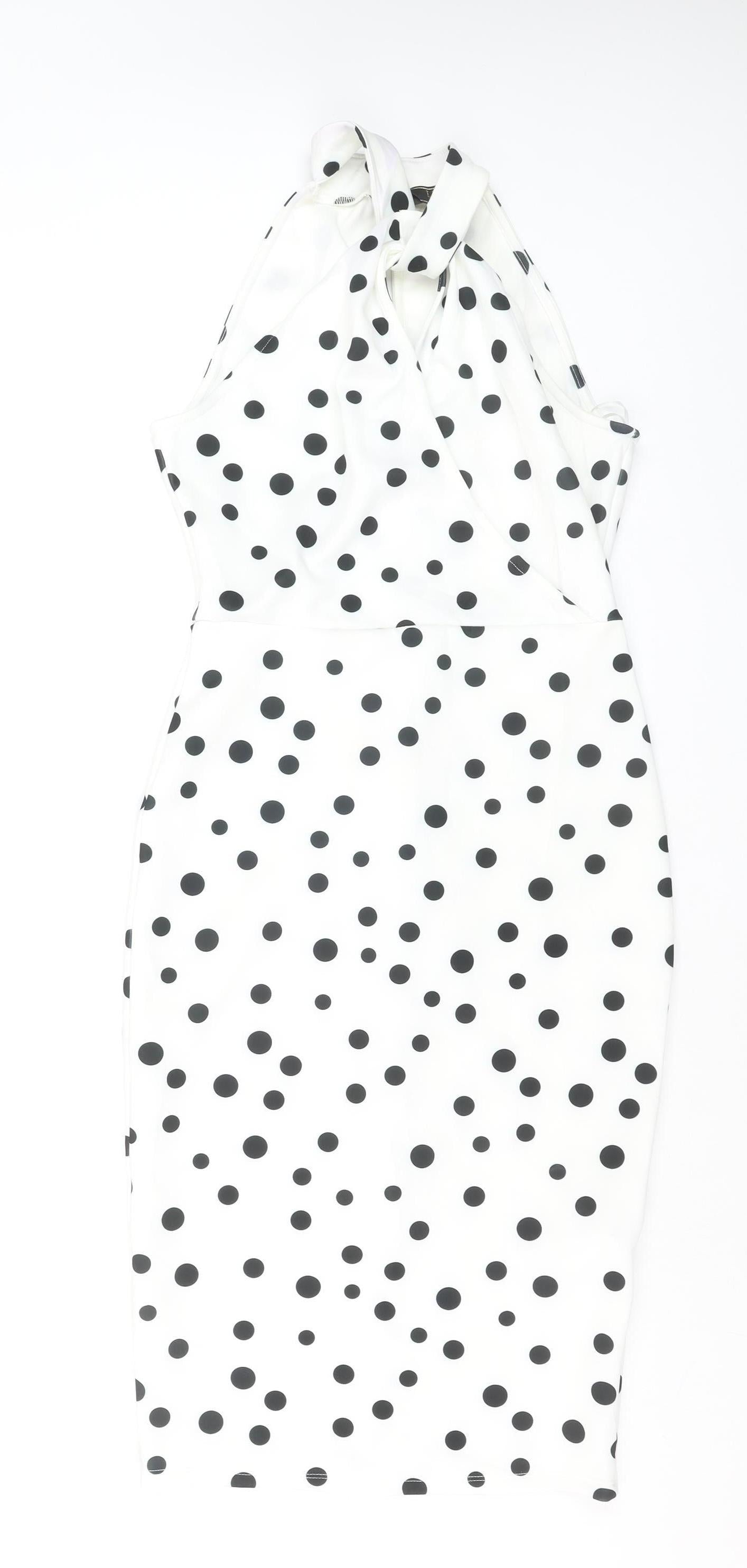 Lipsy Women White Polka Dot Halter Bodycon Knee Length Dress Size 10